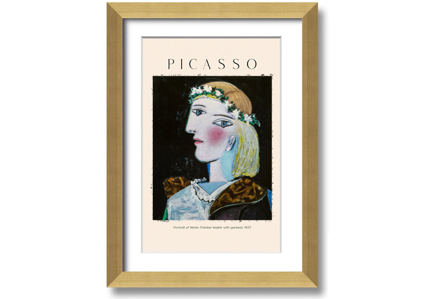 A vibrant canvas print of Picasso's Portrait Of Marie-Thérèse Walter, featuring a woman with a garland, mounted on a box frame.